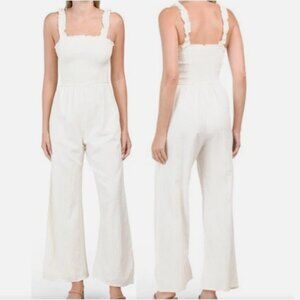 Jessica Simpson Womens Jumpsuit Small White Pockets Peasant Smocked Cottagecore
